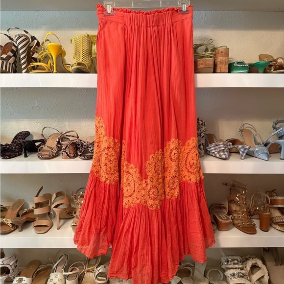Floreat Anthropologie Coral Orange Embroidered High-Low Maxi Skirt